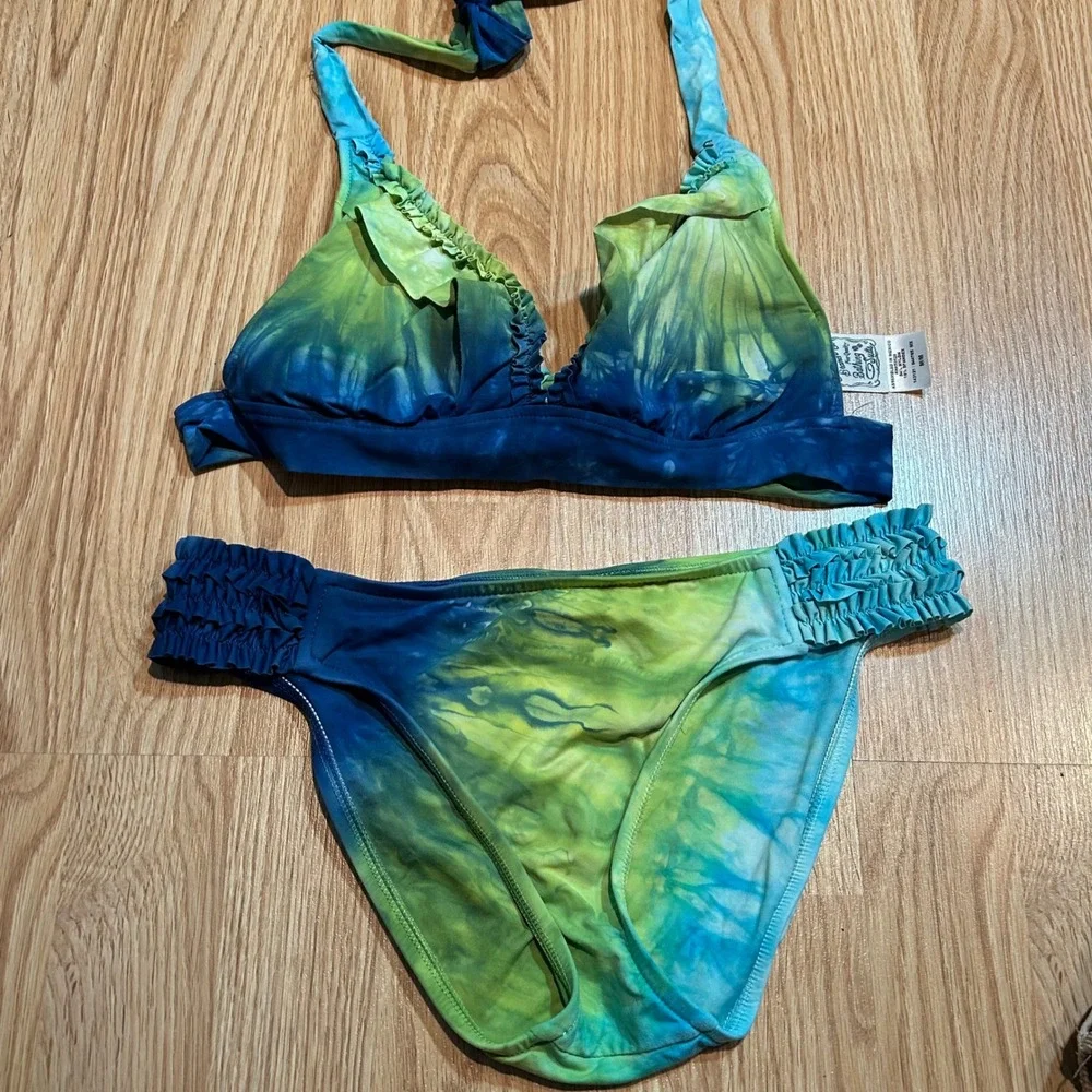 Lucky Brand Tie Dye Halter Bikini Swimsuit Ruffled Blue Green Women's S/M Y2K